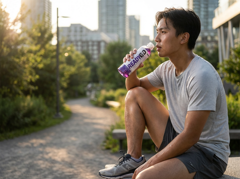 Man sitting outdoors drinking a readygo energy drink with cityscape in the background